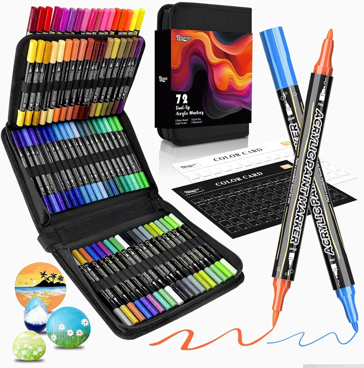 72 Colors Acrylic Paint Pens – Dual Tip Brush & Fine Tip Markers for Rock Painting, Wood, Canvas, Stone, Glass, Ceramic, DIY Crafts, Professional Art Supplies